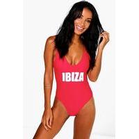 scoop neck slogan swimsuit red