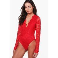 Scallop Lace Plunge Body - red