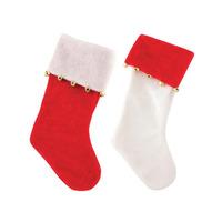 seasons greetings red and white stockings with bells