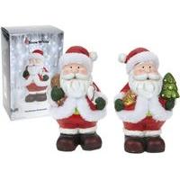 Set Of 2 19cm Ceramic Santa Decorations With Plush Trim