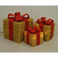 Set of 3 LED Light Up Gold Christmas Gift Boxes