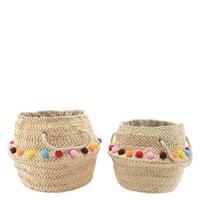 Set of 2 Natural Corn Leaf Basket with Pom Poms