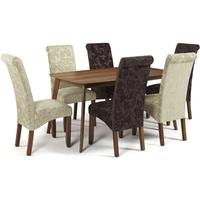 Serene Westminister Walnut Dining Set - 150cm Fixed Top with 3 Kingston Aubergine Floral and 3 Sage Floral Chairs