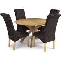 Serene Bexley Oak Dining Set - Round with 4 Kingston Aubergine Floral Fabric Dining Chairs