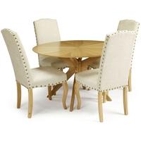 serene bexley oak dining set round with 4 kensington pearl fabric dini ...