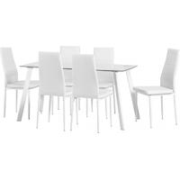 Seconique Abbey Clear Glass Black 6 Seater Dining Set with White PU Leather Seat Chair