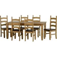 Seconique Corona Mexican Waxed Pine Dining Set- 6-8 Seater Extending Table with Brown Pad Chairs