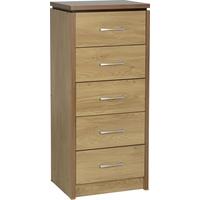 Seconique Charles 5 Drawer Narrow Chest in Oak Effect Veneer with Walnut Trim