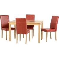 Seconique Wexford 47in Dining Set in Oak Veneer with Walnut Inlay and Rustic Red Faux Leather Chairs