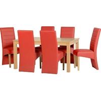 Seconique Belmont Natural Oak Dining Set with 6 Rustic Red Faux Leather Chairs