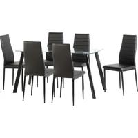 Seconique Abbey Clear Glass Black 6 Seater Dining Set with Black PU Leather Seat Chair