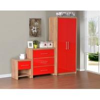 Seconique Seville Light Oak Veneer and Red High Gloss Bedroom Set