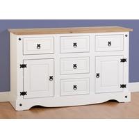 Seconique Corona 2 Door 5 Drawer Sideboard in White Distressed Waxed Pine
