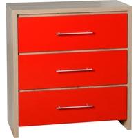 seconique seville light oak veneer and red high gloss 3 drawer chest