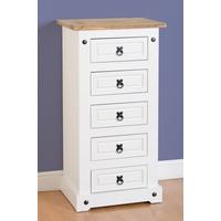 Seconique Corona 5 Drawer Narrow Chest of Drawer in White Distressed Waxed Pine