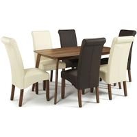 Serene Westminister Walnut Dining Set - 150cm Fixed Top with 3 Kingston Brown and 3 Cream Faux Leather Chairs