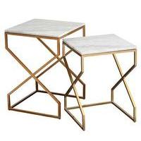 Set of 2 Bali Marble Top Tables, Gold/White