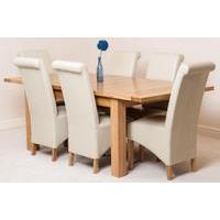 Seattle Solid Oak Extending Dining Table & 6 Ivory Leather Chairs