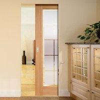 Seville Oak Syntesis Pocket Door with Frosted Glass including Clear Brilliant Cut Bevel Edges and Fully Pre-finished