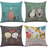 Set of 4 Cute Cartoon Animal Pattern Linen Pillowcase Sofa Home Decor Cushion Cover