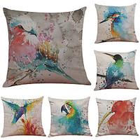 Set of 6 European-Style Hand-Painted Bird Pattern Linen Pillowcase Sofa Home Decor Cushion Cover Throw Pillow Case (1818inch)