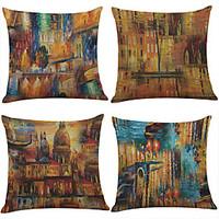 Set of 4 Architectural Abstract Oil Painting Pattern Linen Pillowcase Sofa Home Decor Cushion Cover