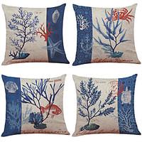 Set of 4 Marine Organisms Pattern Linen Pillowcase Sofa Home Decor Cushion Cover