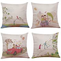 Set of 4 Illustration Couple Figure Pattern Linen Pillowcase Sofa Home Decor Cushion Cover