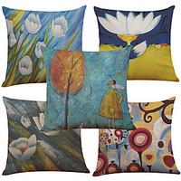 Set of 5 Oil Painting Flowers Pattern Linen Pillowcase Sofa Home Decor Cushion Cover (1818inch)