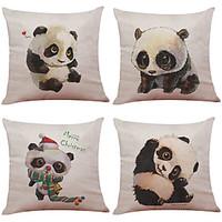 Set of 4 Cute Hand Painted Panda Pattern Linen Pillowcase Sofa Home Decor Cushion Cover