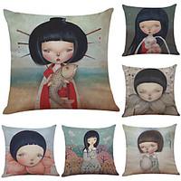 Set of 6 Hand-painted Japanese Dolls Pattern Linen Pillowcase Sofa Home Decor Cushion Cover Throw Pillow Case (1818inch)