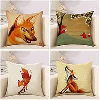 Set Of 4 Cartoon Fox Pattern Pillow Cover Linen Sofa Cushion Cover Creative Pillow Case