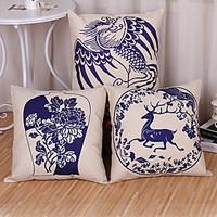 Set of 3 Blue And White Porcelain Style Printing Pillow Cover Classic Cotton/Linen Pillow Case