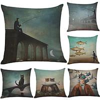 Set of 6 Cat Fish Pattern Linen Pillowcase Sofa Home Decor Cushion Cover Throw Pillow Case (1818inch)