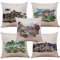 Set of 5 Hand-Painted Villa Pattern Linen Pillowcase Sofa Home Decor Cushion Cover (1818inch)