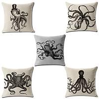 Set Of 5 Vintage Octopus Seabed Creatures Pillow Cover Square Cotton/Linen Pillow Case