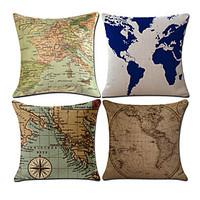 Set Of 4 Classic World Map Pattern Pillow Cover Creative Sofa Cushion Cover Home Decor Pillow Case