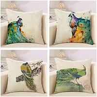 Set Of 4 Watercolor Beautiful Peacock Printing Pillow Cover 4545Cm Cotton/Linen Pillow Case Sofa Cushion Cover