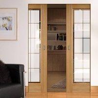 Seville Oak Syntesis Double Pocket Door with Frosted Glass including Clear Brilliant Cut Bevel Edges and Fully Pre-finished