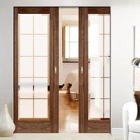 Seville Walnut Syntesis Double Pocket Door with Frosted Glass including Clear Brilliant Cut Bevel Edges - Fully Pre-finished