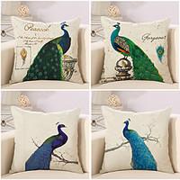 Set Of 4 Beautiful Peacock Printing Pillow Cover 4545Cm Cotton/Linen Pillow Case Sofa Cushion Cover