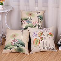 Set Of 3 Chinese Style Lotus Flowers Pillow Cover Creative Printing Cotton/Linen Pillow Case Cushion Cover