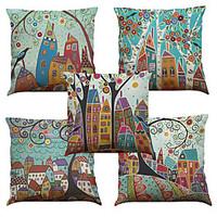 Set of 5 Hand Painted House Tree Pattern Linen Pillowcase Sofa Home Decor Cushion Cover (1818inch)