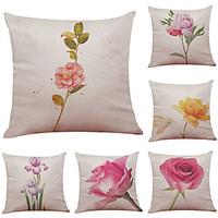 Set of 6 Hand Painted Flowers Pattern Linen Pillowcase Sofa Home Decor Cushion Cover Throw Pillow Case (1818inch)