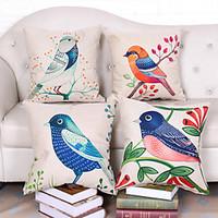 Set Of 4 Northern Europe Style Bird Pillow Case Classic Cotton/Linen Pillow Cover