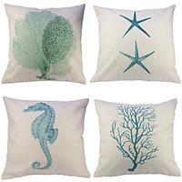 Set Of 4 Hand Painted Starfish Sea Horse Printing Pillow Cover Cotton/Linen Cushion Cover Classic Pillow Case