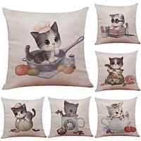 Set of 6 Cartoon Cute Cat Pattern Linen Pillowcase Sofa Home Decor Cushion Cover Throw Pillow Case (1818inch)