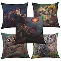 Set of 5 Cartoon Owl Pattern Linen Pillowcase Sofa Home Decor Cushion Cover (1818inch)