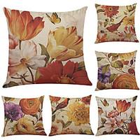 Set of 6 Retro Flowers Pattern Linen Pillowcase Sofa Home Decor Cushion Cover Throw Pillow Case (1818inch)