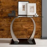 Selena Glass Console Table In Clear With Brushed Steel Base